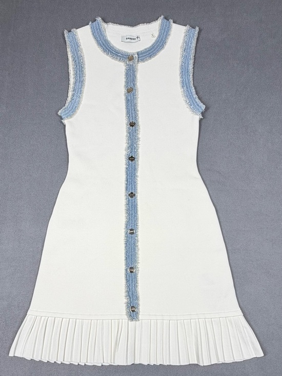 Sandro Dresses & Skirts - Sandro White Sleeveless Knit Dress with Light Blue Denim Trim